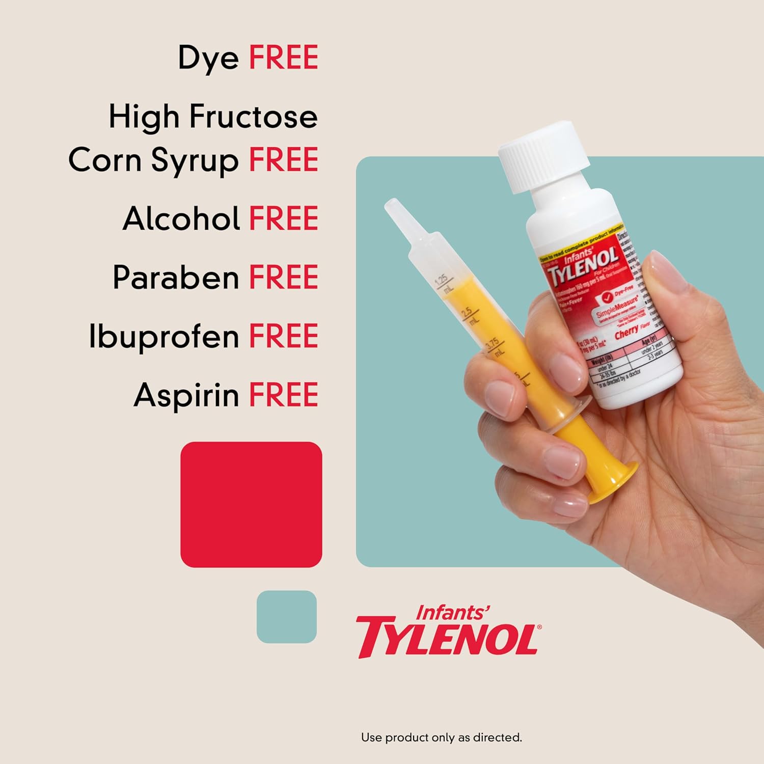 Infants' Tylenol Oral Suspension Liquid Medicine with Acetaminophen, Baby Fever Reducer & Pain Reliever for Minor Aches & Pains, Sore Throat, Headache & Teething Pain, Dye-Free Cherry, 1 fl. oz - Image 3