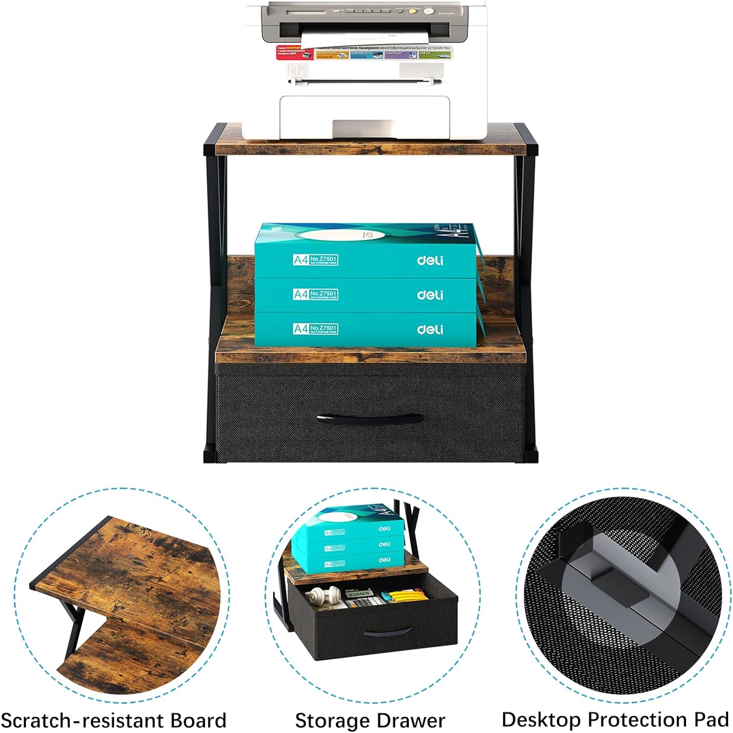 aboxoo Printer Stand for Desk with Storage Drawer, 2 Tier Desktop Or UnderDesk Shelf, Multi-Purpose Desk Organizer for Home Office, fit Fax Machine/3D Printer/Scanner, Rustic Brown - Image 2