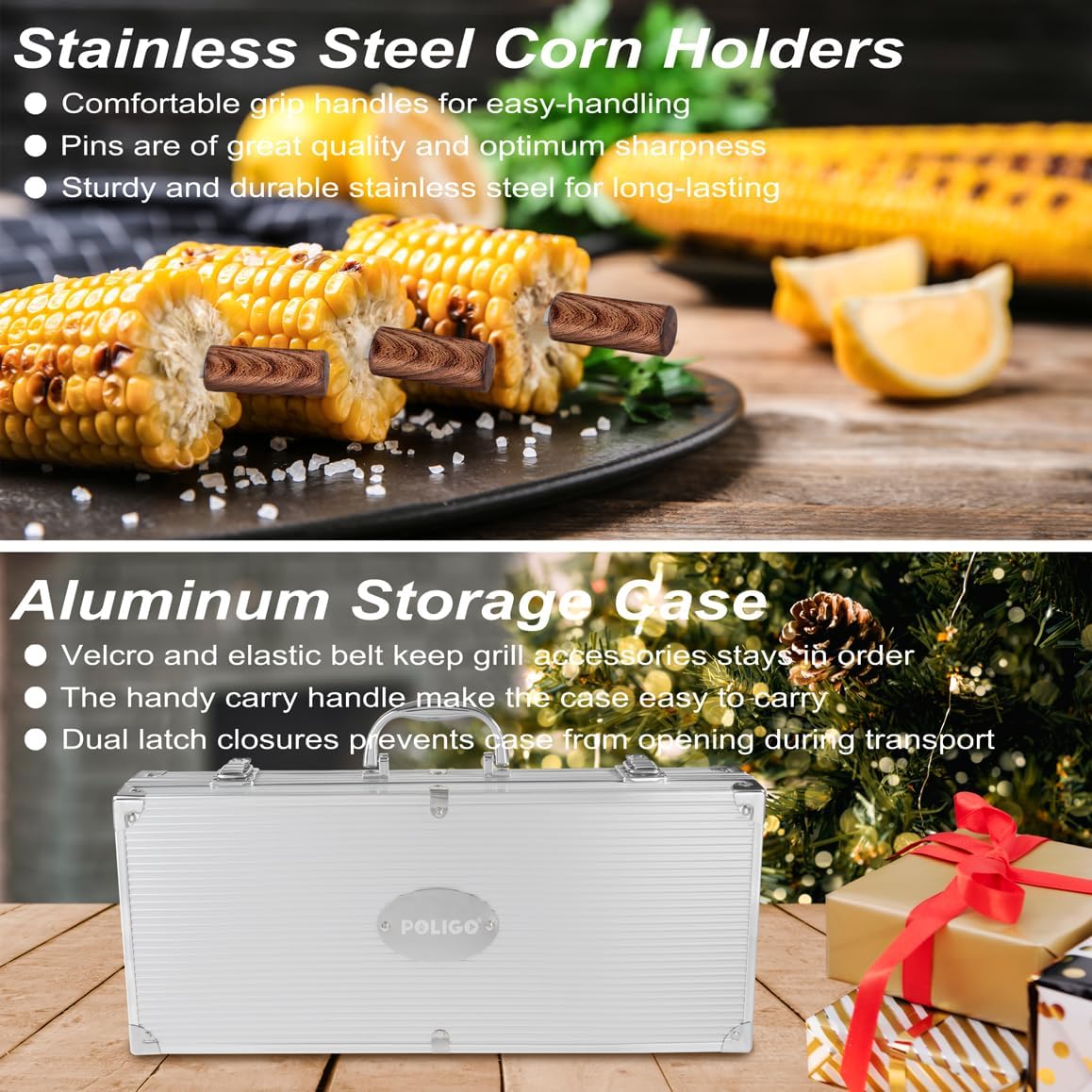 POLIGO 22PCS Heavy Duty BBQ Grill Accessories Set, Non-Slip Grill Tools for Outdoor Grill Set Stainless Steel Grill Utensils Set, Deluxe Grilling Tools Set in Aluminum Case Ideal Gifts for Men Brown - Image 8