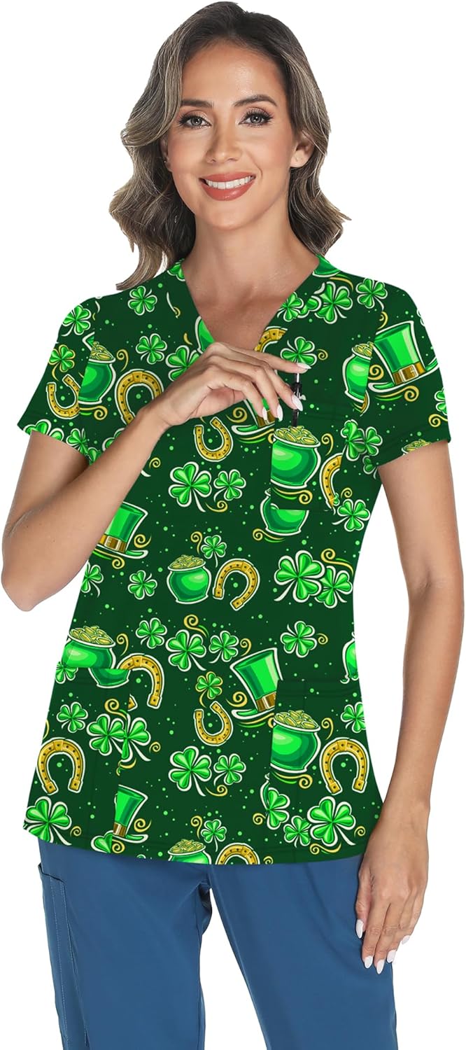 LOMON Women's V Neck Printed Scrub Top with 3 Pockets - Image 4