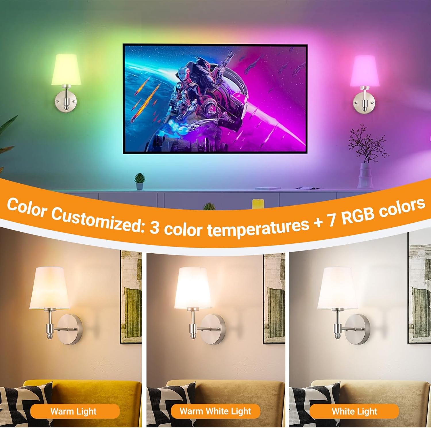 Battery Operated Wall Sconces Set Of 2, Wireless Battery Wall Light With 10000mAh RGB Rechargeable Magnetic Bulb, Rechargeable Wall Sconce With Remote Control For Bedroom, No Electrician Required - Image 3