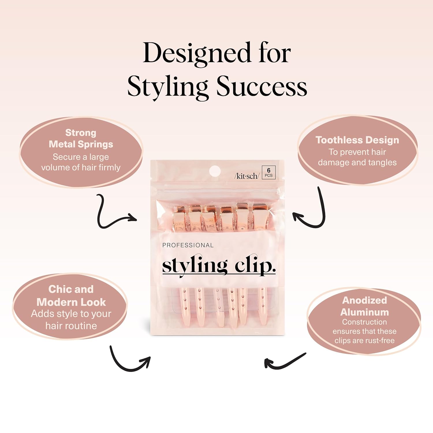 Kitsch Professional Alligator Clips for Hair Styling – 3.5" Aluminum Hair Sectioning Clips for Salon & Makeup Application | Ideal Gifts for Women – Rose Gold, 6 Pcs - Image 4