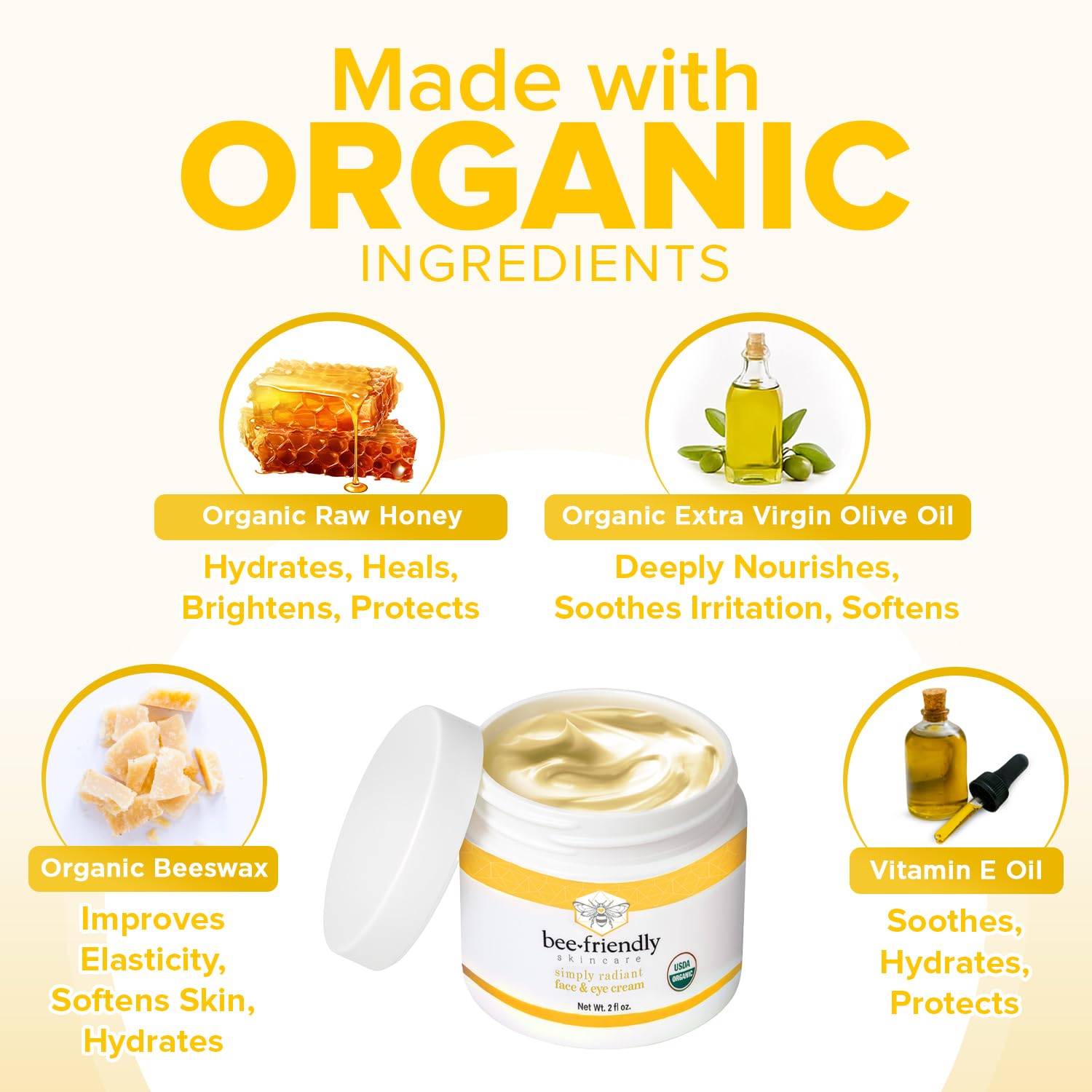BeeFriendly Organic Face and Eye Cream, USDA Certified Organic Facial Moisturizer, All In One Natural Face, Eye, Neck, Decollete Cream Reduces Wrinkles & Lines, 2 oz - Image 2