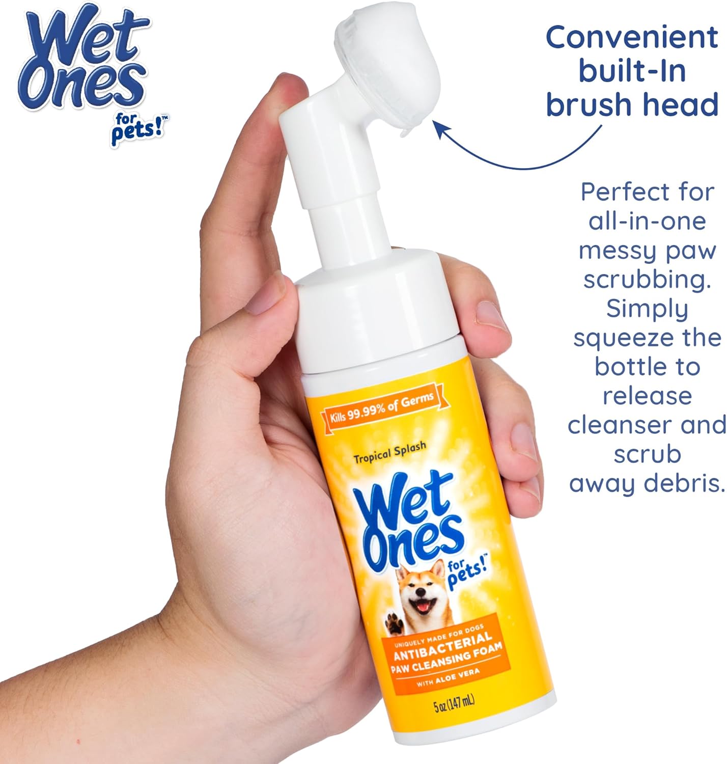 Wet Ones for Pets Antibacterial Dog Paw Cleaner with Built-in Scrubber Brush, Tropical Splash Scent - Foaming Cleanser for Dog Paws - Paw Washer & Grooming Care, 5 Ounce - Image 2
