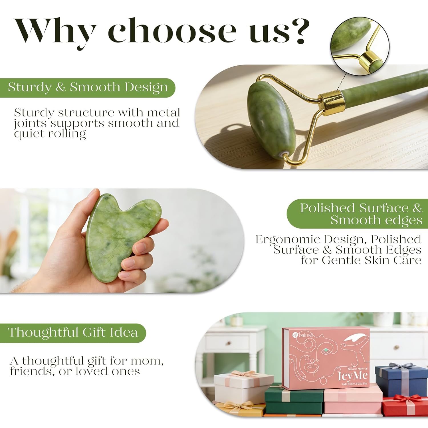 BAIMEI IcyMe Gua Sha & Jade Roller Facial Tools Face Roller and Gua Sha Set for Puffiness and Redness Reducing Skin Care Routine, Self Care for Men Women - Green - Image 6