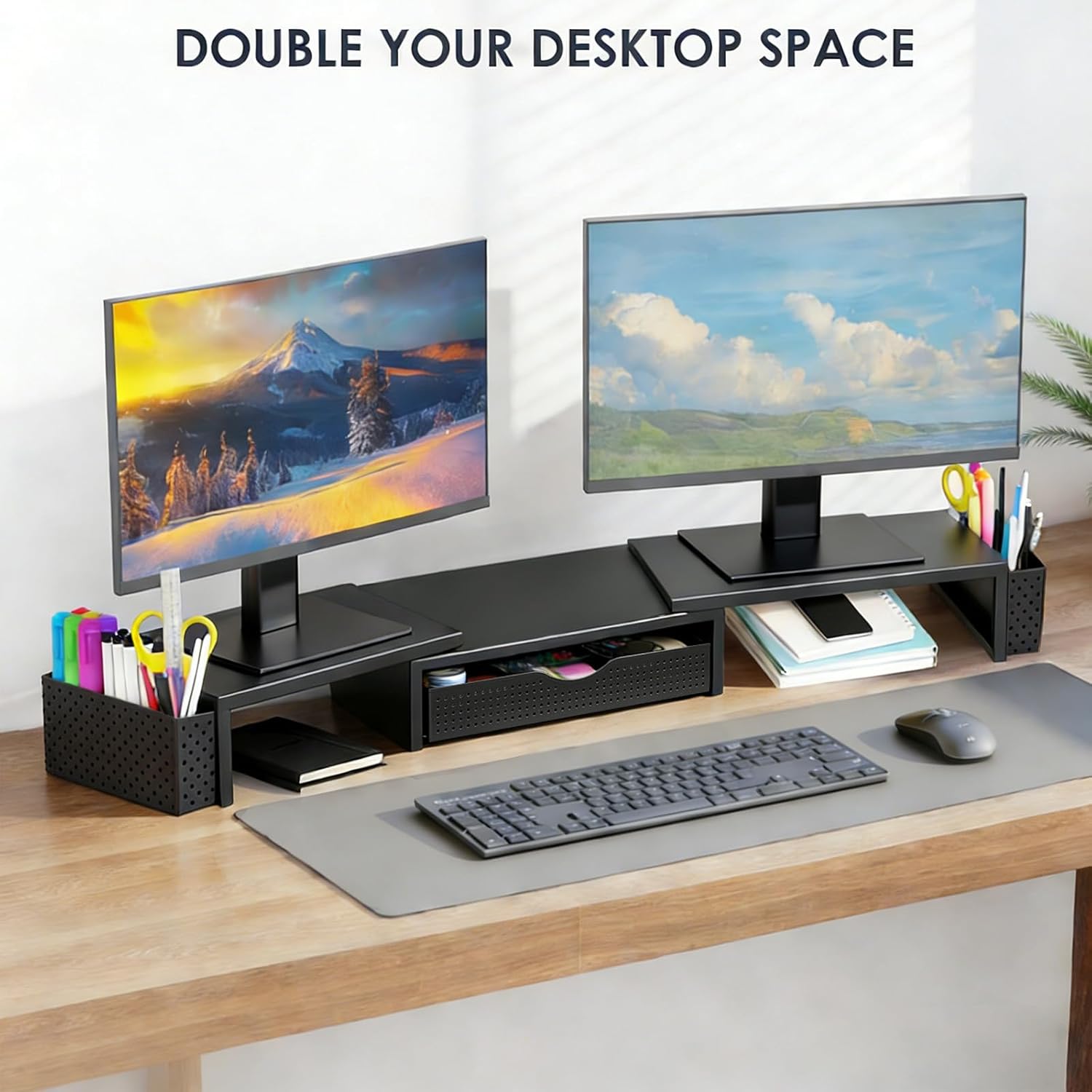 Spacrea Metal Desk Organizers and Accessories, Dual Monitor Stand Riser with Drawer and 2 Pen Holders, Book Racks, Desk Accessories & Workspace Desktop Organizers for Office Supplies (Black) - Image 6