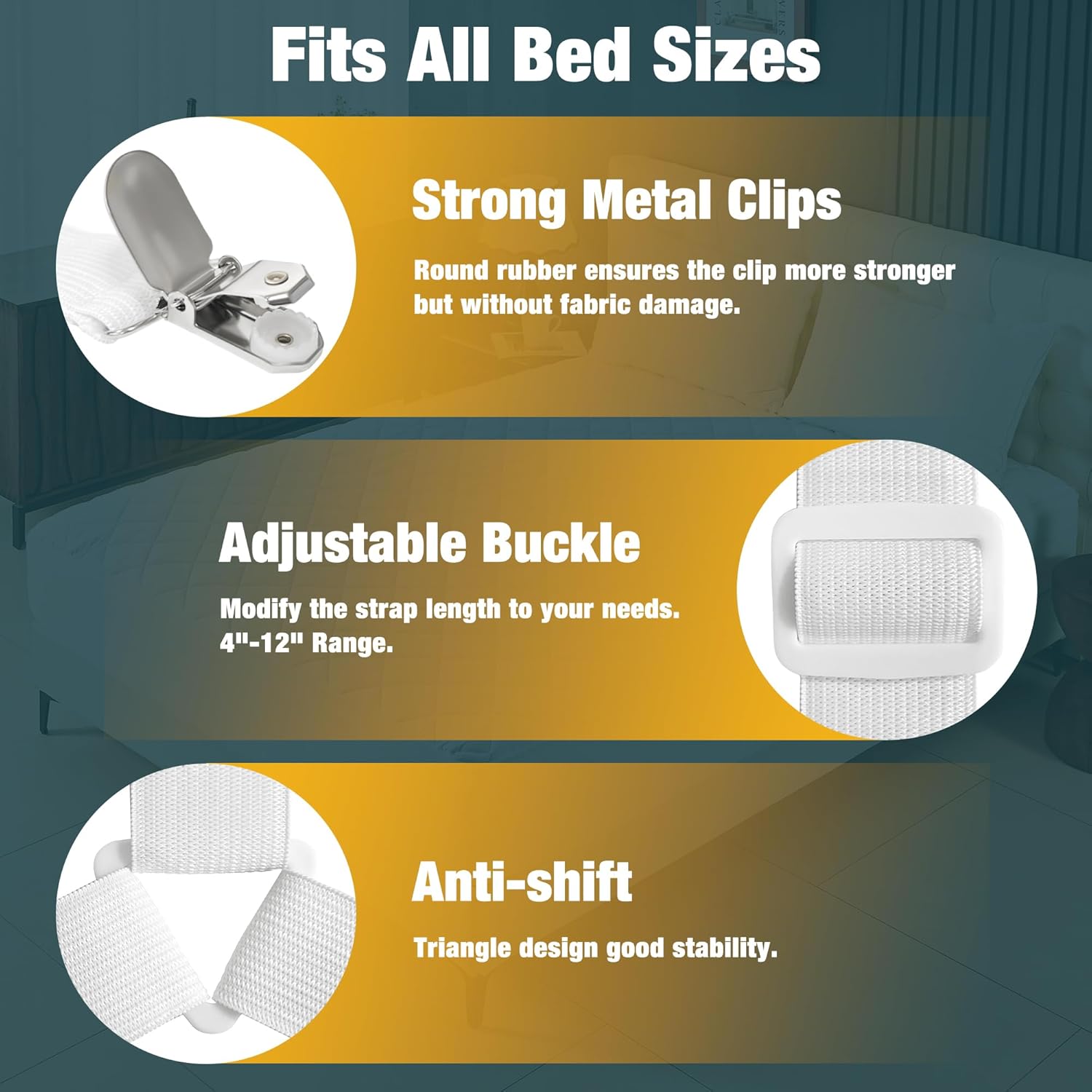 4 Pack Adjustable Elastic Straps with Metal Clips, Bed Sheet Fasteners in Assorted Four Sizes, Bedding Suspenders for Mattress Covers, Bed Corner Holders and Keepers (White) - Image 4