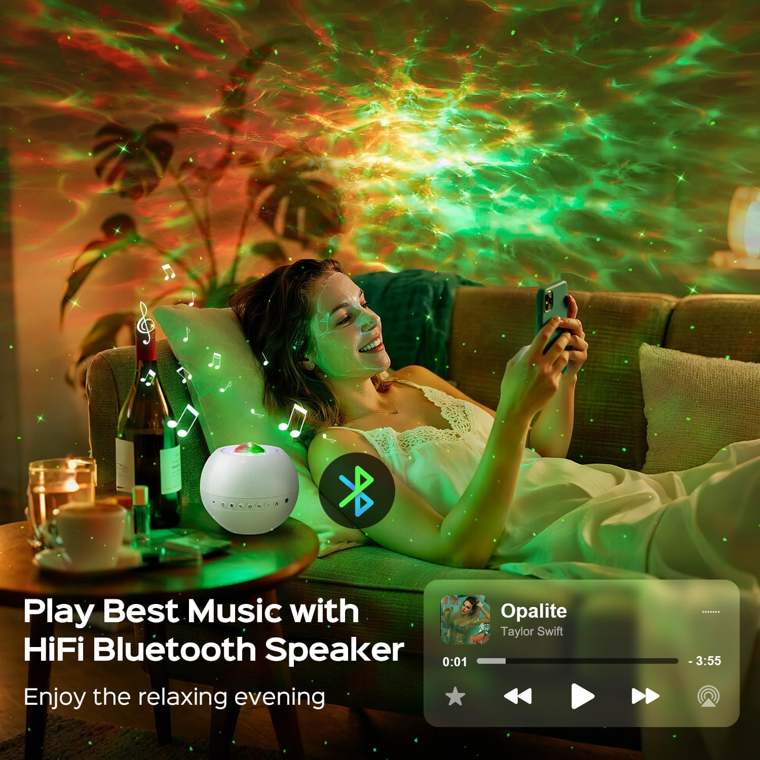 One Fire 360 Lights Galaxy Projector Night Light Projector Star Projector Mothers Day Gifts Teen Girl Gifts for Boys Gift Ideas Women Gifts Birthday Gifts Lava Lamp 15 White Noise+Bluetooth Room Decor - Image 4