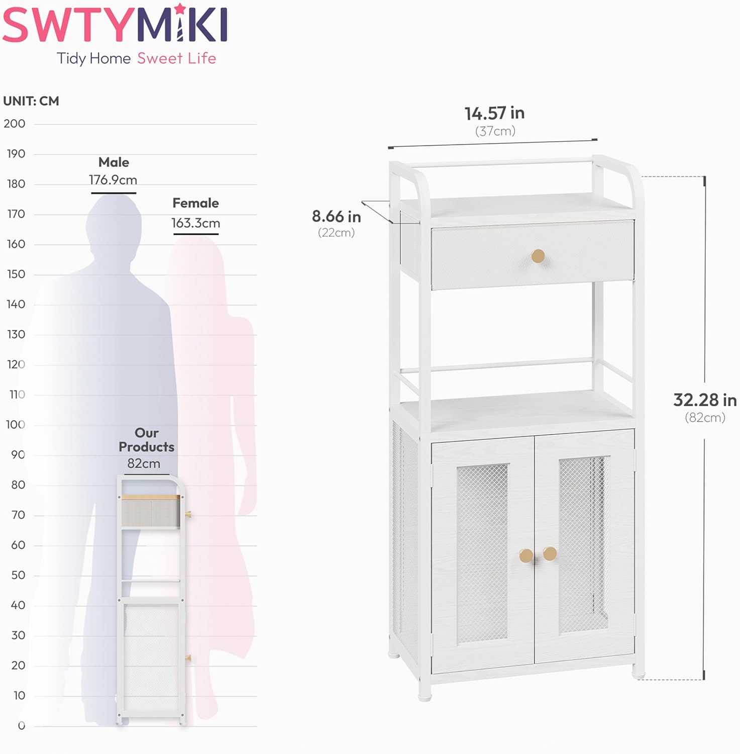 SWTYMIKI 14.57"x32.28" Bathroom Storage Cabinet – Freestanding Toilet Paper Storage with Doors & Drawer, Bathroom Organizers and Storage for Small Spaces, Laundry Room, Ideal for Towels, White - Image 3