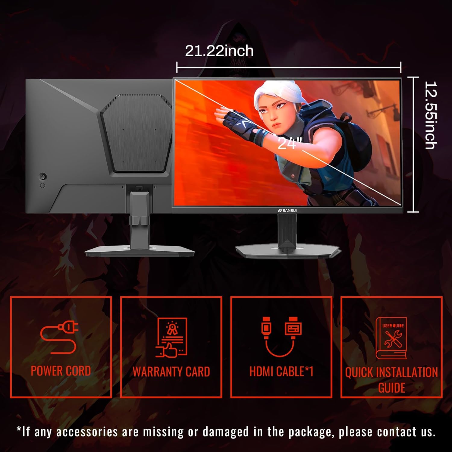 SANSUI Gaming Monitor, 24 Inch 180Hz, FHD 1080P 1ms 110% sRGB Computer Monitor, HDMI DP Ports VESA Support for Game Office (HDMI Cable Included) - Image 9