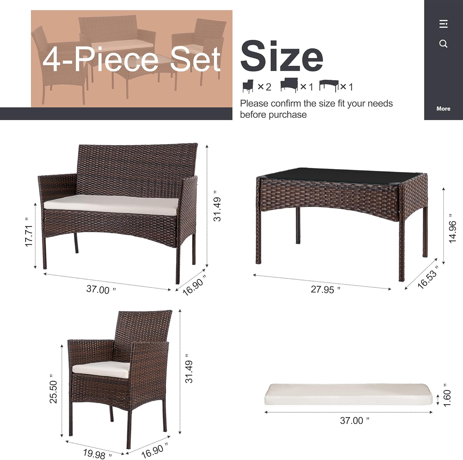 Shintenchi 4 Piece Outdoor Patio Furniture Set, Wicker Rattan Patio Conversation Set, Outdoor Chairs and Loveseat with Coffee Table for Porch, Yard & Poolside (Brown) - Image 6