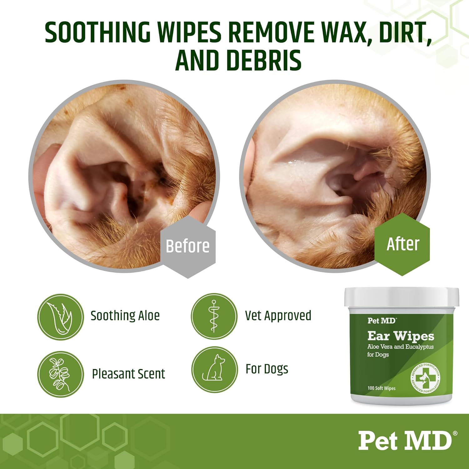 Pet MD Dog Ear Cleaning Wipes – Otic Cleanser for Dogs, Soothing Ear Care with Aloe Vera & Eucalyptus, Regular Wipes, 100 Count - Image 2