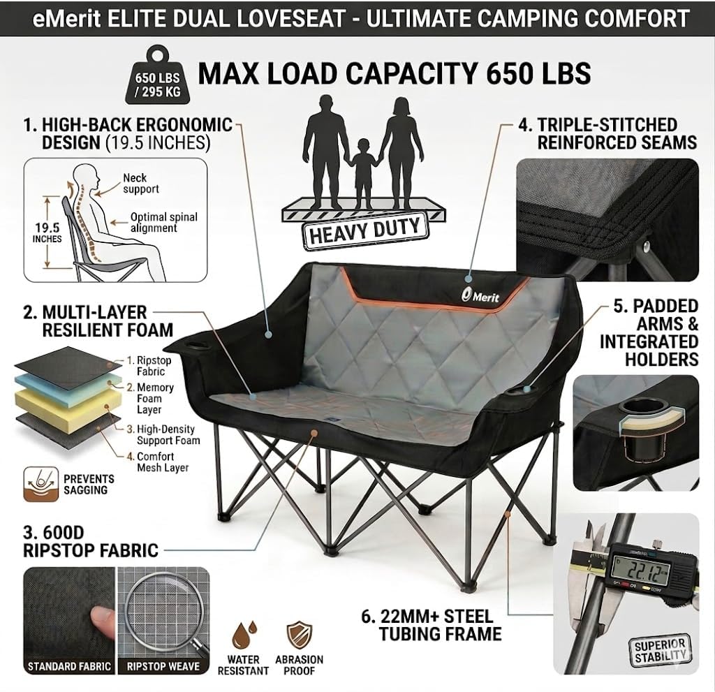 EMERIT Oversized Fully Padded Camping Chair, Heavy Duty 650LB Folding Camping Loveseat, Quad Fold Double Camping Couch with Cup Holders & Carry Bag for Outdoor, Lawn, Sports Events | HIgh Back, Rip resistance, Extra Wide Design, Cross-bracing Hubs, Easy Setup - Image 4