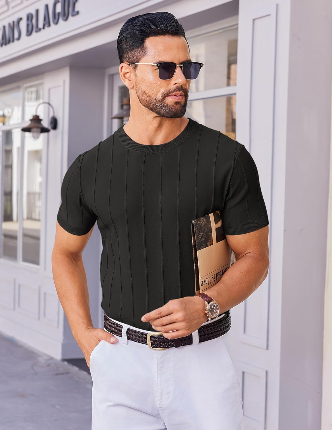 COOFANDY Men's T- Shirts Short Sleeve Knit Sweater Shirt Casual Crewneck Ribbed Pullover Tees - Image 3