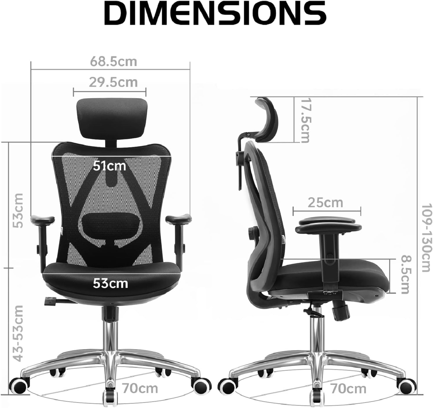 SIHOO M18 Ergonomic Office Chair, High Back Mesh Desk Chair with Adjustable Headrest & Lumbar Support, 330lbs Capacity Computer Chair with 2D Armrests & Wide Cushion, Tilt Lock, for Home Office-Black - Image 3