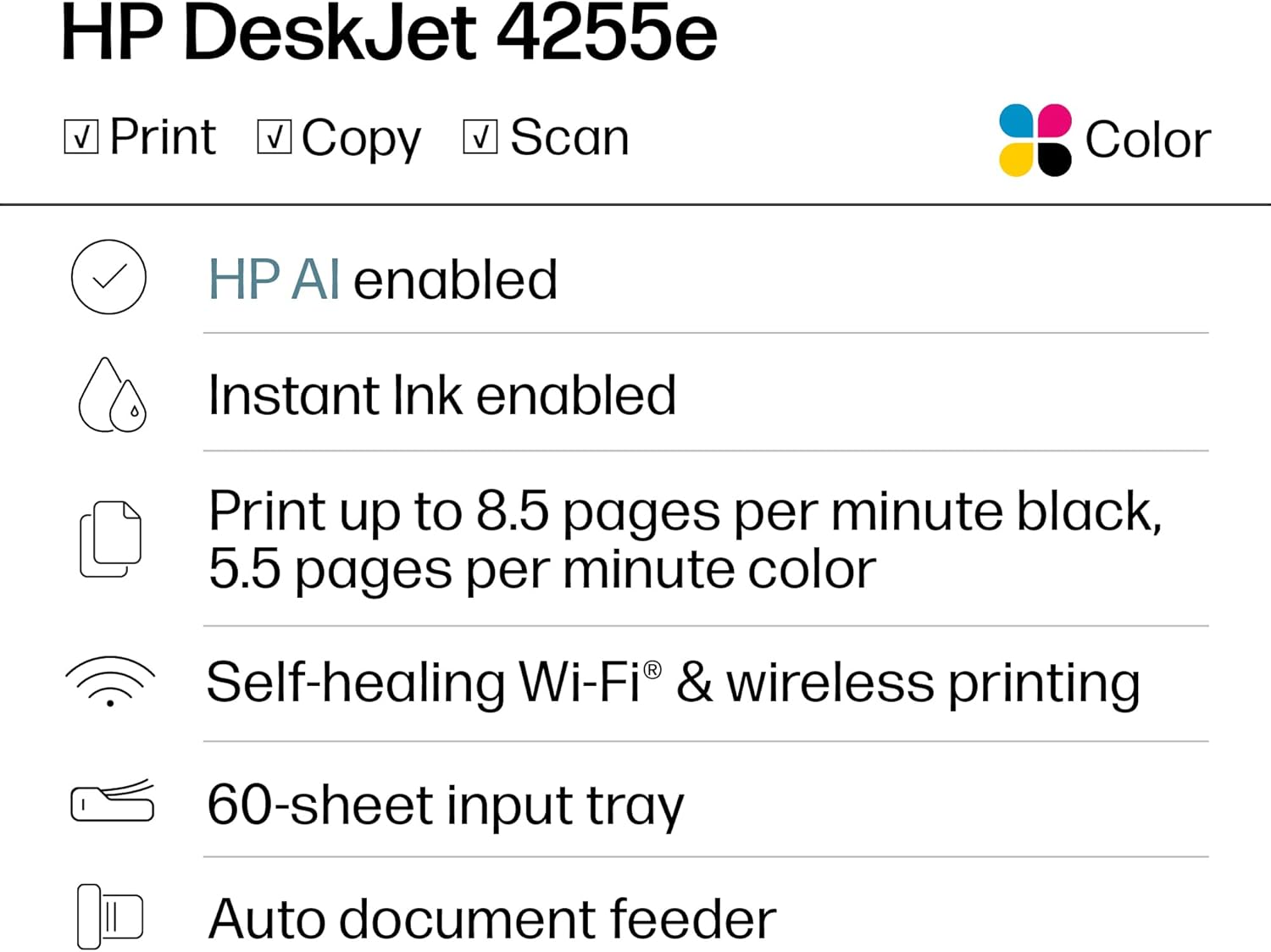 HP DeskJet 4255e Wireless All-in-One Color Inkjet Printer, Scanner, Copier, Best-for-home, 3 month Instant Ink trial included. This printer is only 2.4 ghz capable. AI-enabled (588S6A) - Image 2