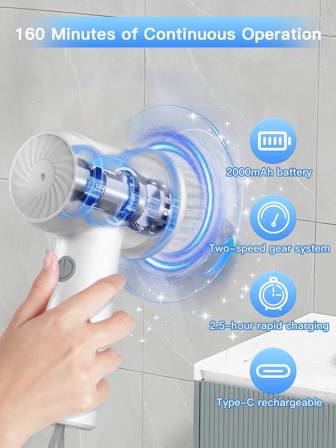 Electric Spin Scrubber - Cordless IPX7 Waterproof Shower Scrubber with 2 Speed Settings and 6 Replaceable Heads,Electric Cleaning Brush for Bathroom,Kitchen and Windows - Image 2