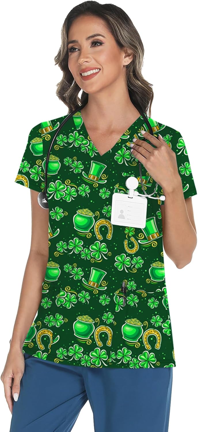 LOMON Women's V Neck Printed Scrub Top with 3 Pockets - Image 2