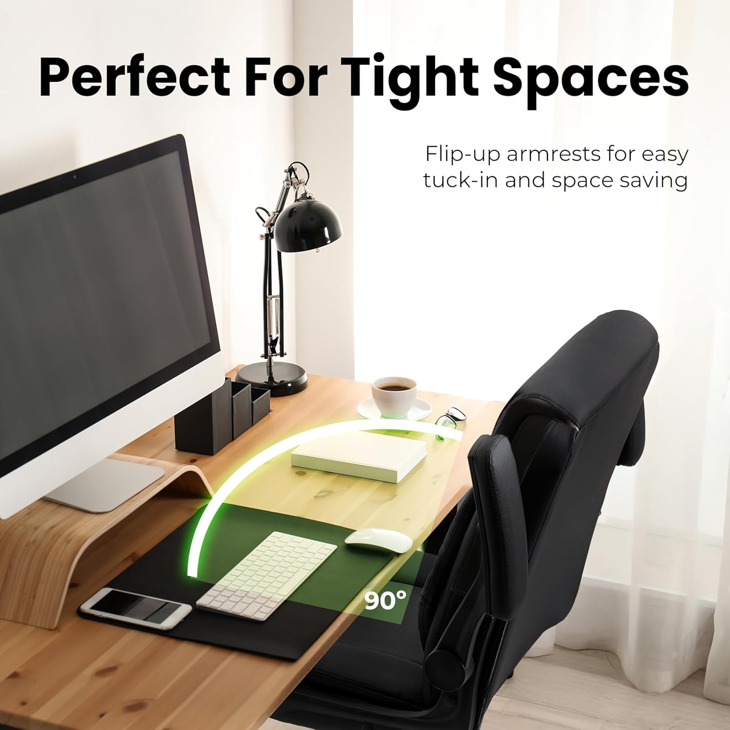 NEO CHAIR Desk Office Gaming Computer Chair Ergonomic Executive Mid-Back Leather with Adjustable Padded Flip-Up Armrests Cushion Wheels Swivel for Home Study Task (Black White) - Image 7