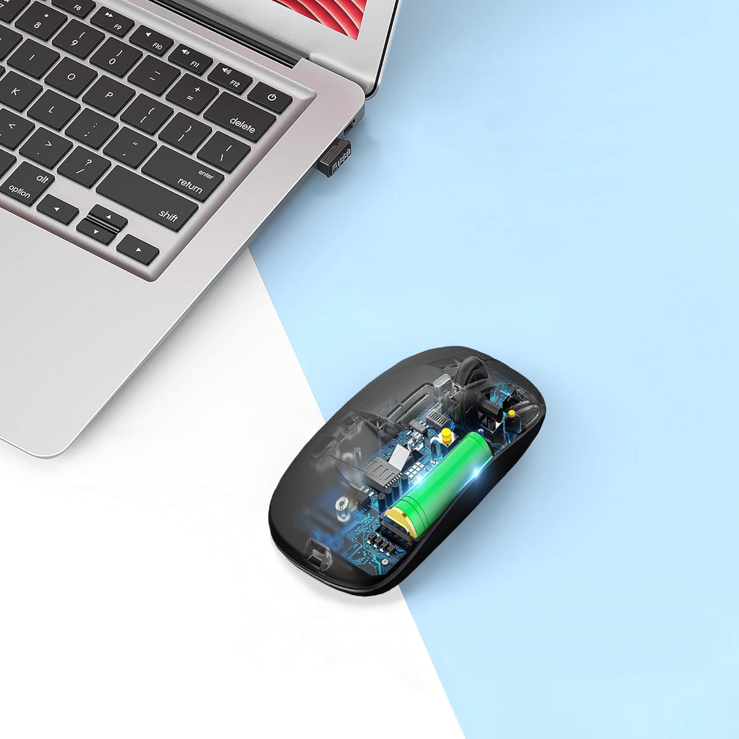 AIKOKOK Wireless Bluetooth Mouse, Rechargeable, Dual Mode Bluetooth 5.2 & 2.4G USB, LED Lights, Slim, Silent, Portable Computer Mouse for Laptop, PC, MacBook, iPad, Tablet (Black) - Image 4
