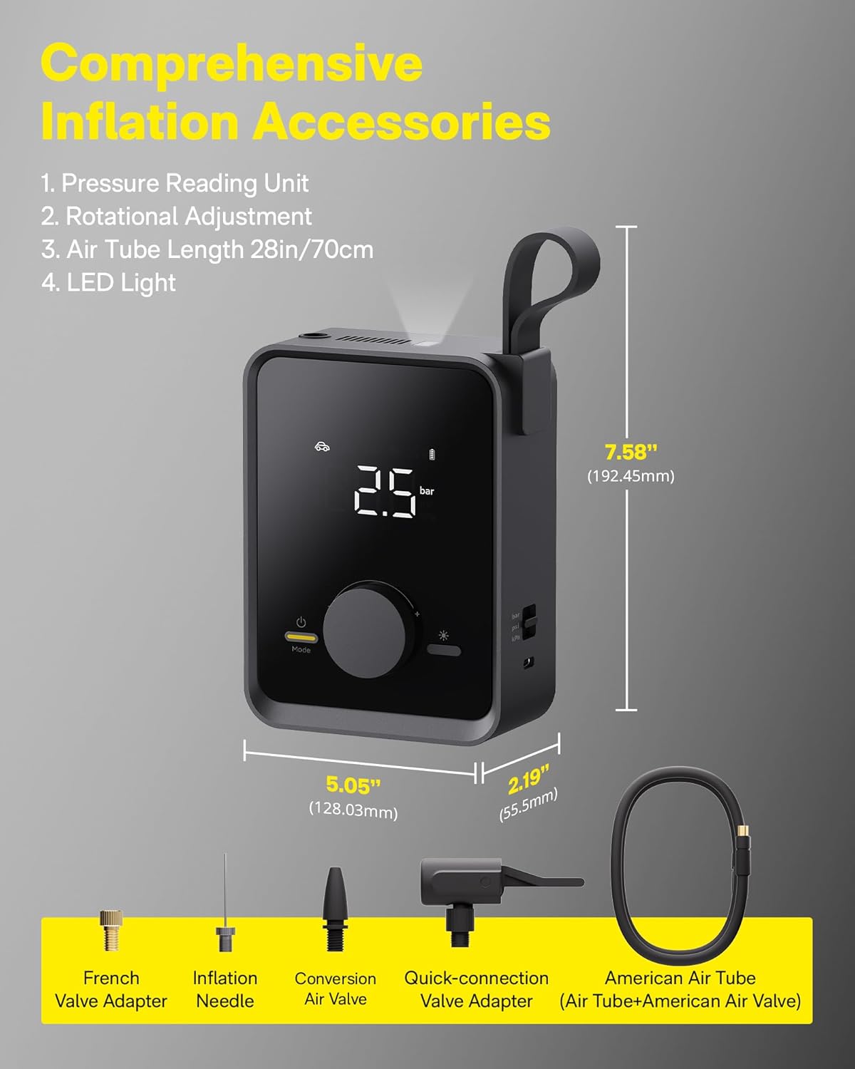 HOTO Tire Inflator Portable, Electric Air Pump Pro for Car Tires with Digital Pressure Gauge 120PSI, Cordless Tire Pump with 12V Motor, 7500mAH Battery, Air Compressor for Car, Motorcycle, Bike, Ball - Image 4
