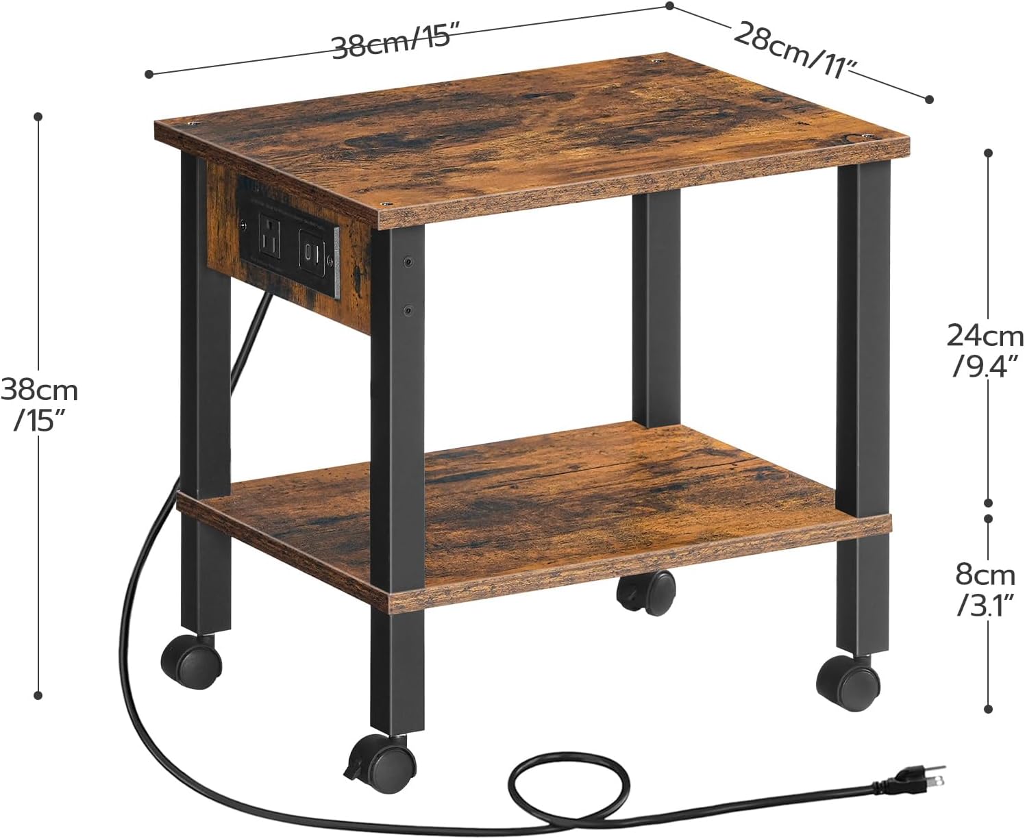HOOBRO 2-Tier Printer Stand with Charging Station, Under Desk Printer Table, Printer Cart with Storage Shelves, Shelf for Small Spaces, for Home Office, Rustic Brown and Black BF38UPS01 - Image 5