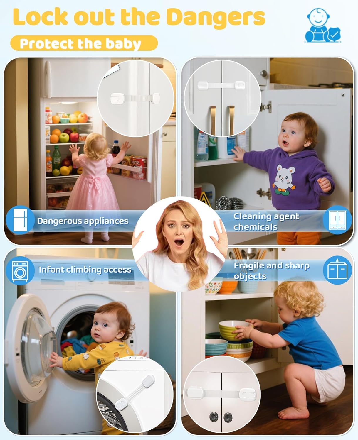 10 Pack Cabinet Locks Baby Proofing, Child Proof Cabinet Locks with 3M Adhesive - Easy Installation with Adjustable Straps, Multi-Purpose Child Safety Latches for Drawers Fridge Trash Cans Toilets - Image 5