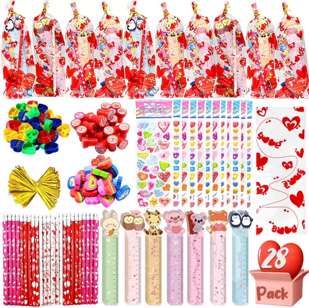 UMEELR 28 Pack Stationery Gift Set, Include Pencil Eraser Sharpener Ruler Stamper Foam Sticker Greeting Card for Kids School Classroom Prize