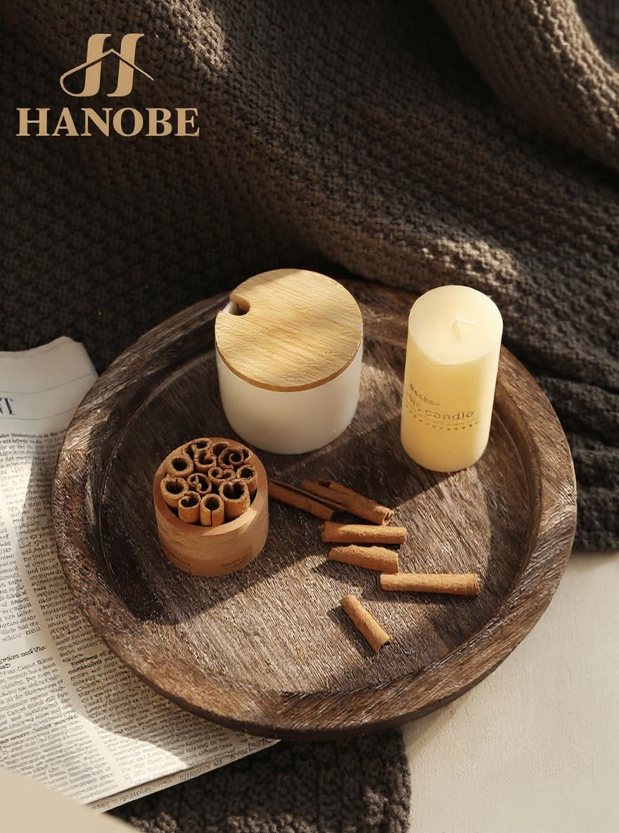 Hanobe Candle Plate Holder Tray: Round Wood Decorative Candle Plate - Rustic Farmhouse CoffeeTable Decor - Tealight Pillar Trays for Home Decor (Distressed) - Image 4