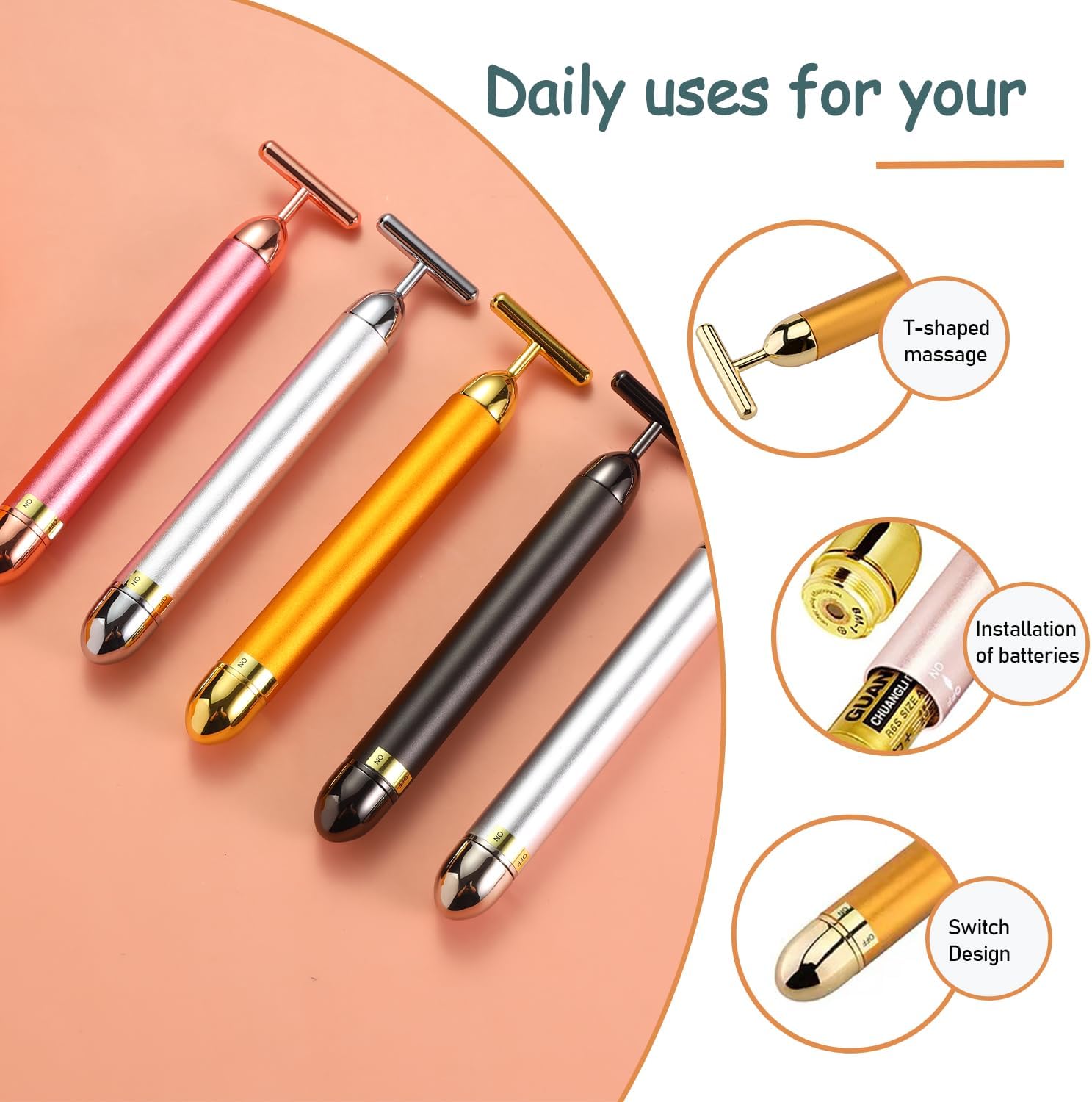 Beauty Bar 24K Gold Facial Massager - Face T Shape Tool for Skin Care Tightening with Ergonomic Design (Pink) - Image 4