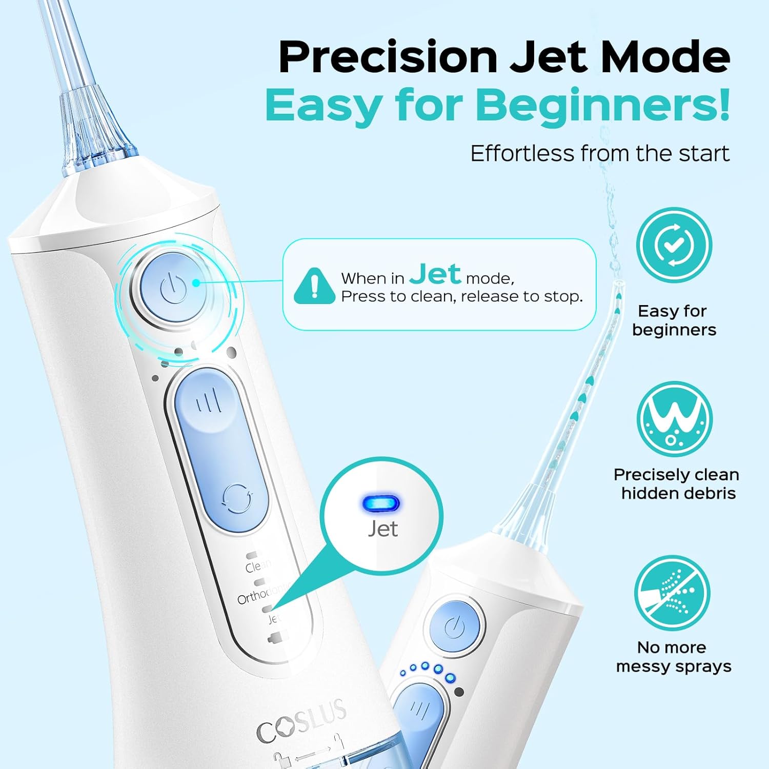 COSLUS C51 Portable Water Flosser for Teeth: 3 Modes & 6 Pressure Settings with Jet Mode Water Dental Pick for Orthodontic, Braces, Sensitive Gums, Compact for Travel, 300ML for Multiple Users, White - Image 5