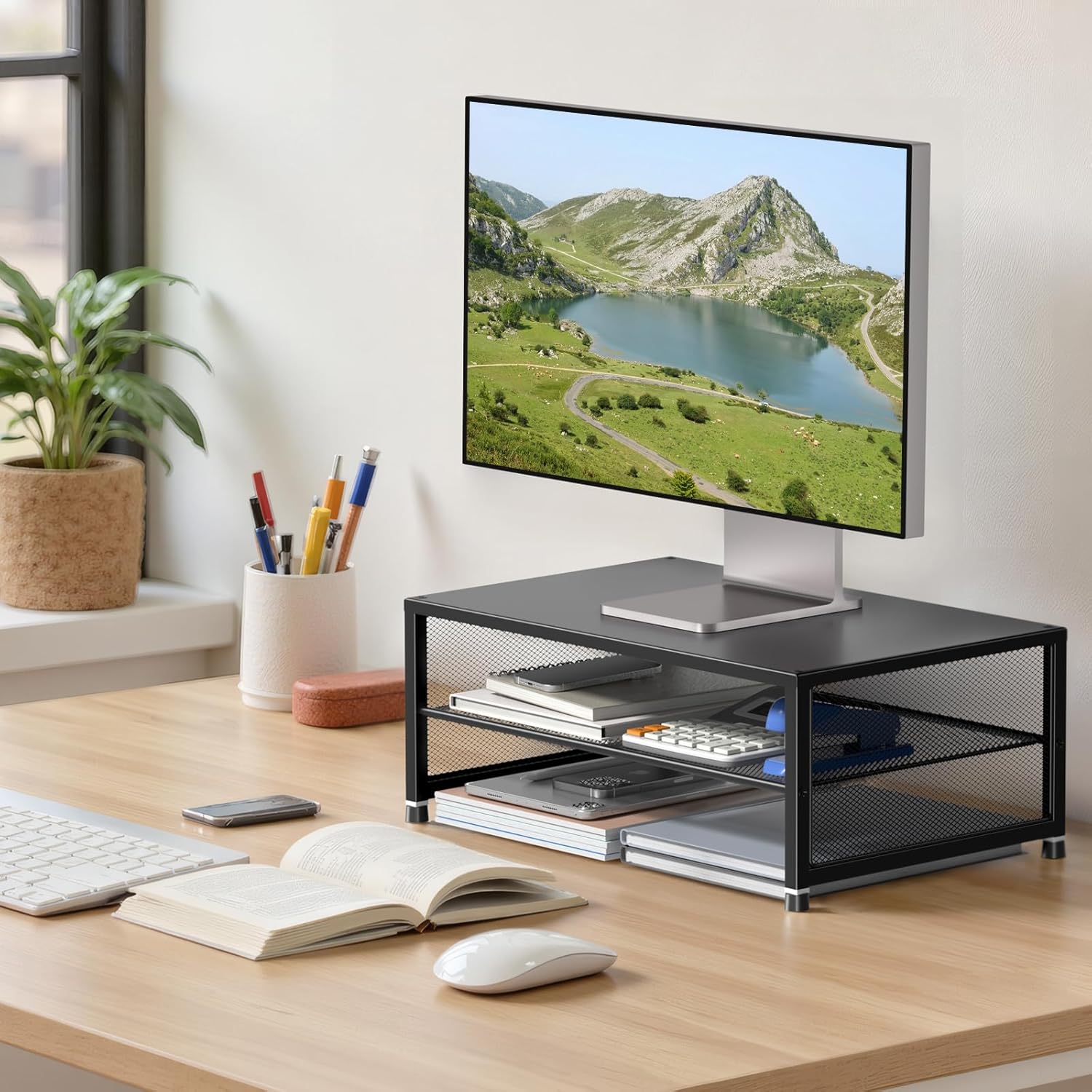 ECOLOVI 2-Tier Computer Monitor Stand Riser, Desk Organizer for Monitor, Printer & Laptop Stand, Desktop Workspace Organizers for Office Supplies(Black) - Image 3