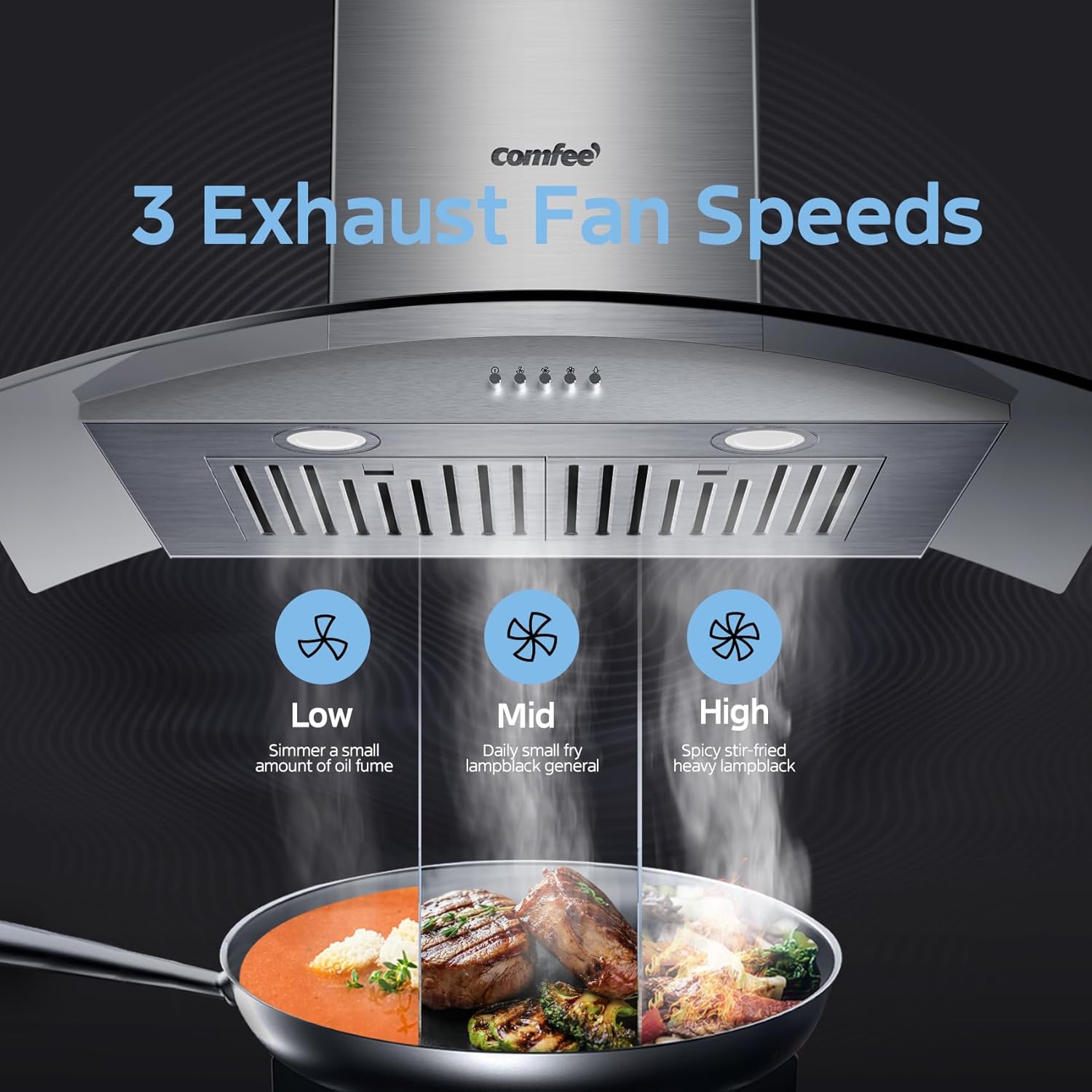 COMFEE' CVG30W8AST 30 Inches Ducted Wall Mount Vent Range Hood with 450 CFM 3 Speed Exhaust Fan, Baffle Filters, Curved Glass, 2 LED Lights, Convertible to Ductless, Stainless Steel - Image 6