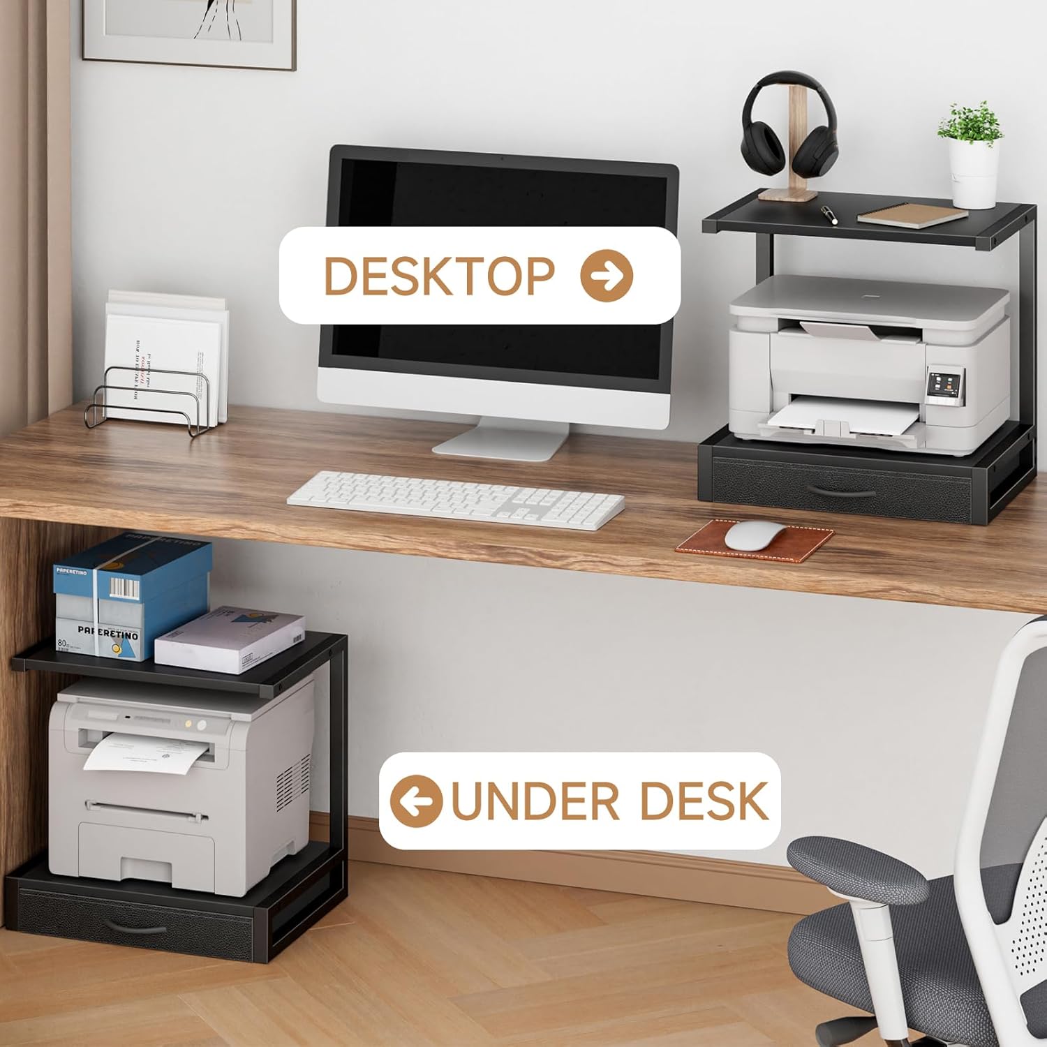 YAOHUOO 2-Tier Desktop Printer Stand with Fabric Drawer, Prtiner Table with Storage Shelf, Desk Organizer for Home Office,3D Printer,Fax Machine,Scanner, 17.3"x11.8" Black - Image 3