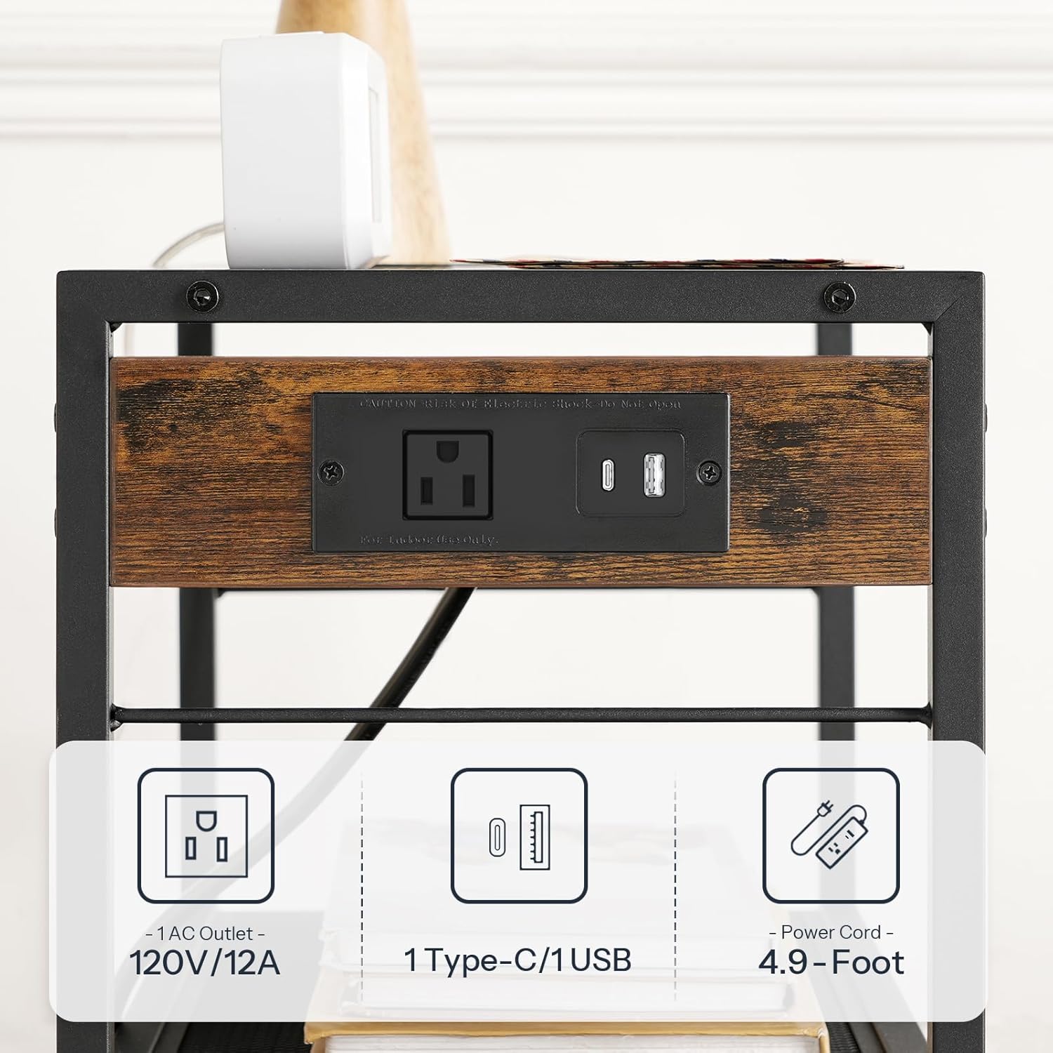 HOOBRO Industrial Printer Stand, 3-Tier Mobile Printer Table, Rolling Cart with Power Outlets and USB Ports, Home Printer Stand with 2 Hooks, for Office, Living Room, Rustic Brown BF22UPS01 - Image 4