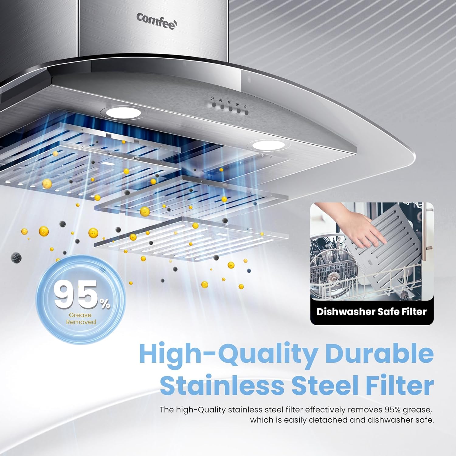 COMFEE' CVG30W8AST 30 Inches Ducted Wall Mount Vent Range Hood with 450 CFM 3 Speed Exhaust Fan, Baffle Filters, Curved Glass, 2 LED Lights, Convertible to Ductless, Stainless Steel - Image 5