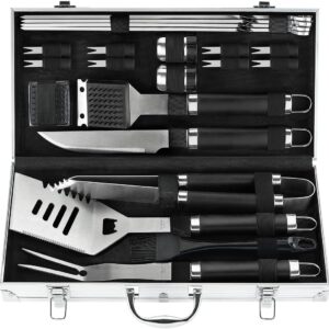 POLIGO 22PCS Heavy Duty BBQ Grill Accessories Set, Non-Slip Grill Tools for Outdoor Grill Set Stainless Steel Grill Utensils Set, Deluxe Grilling Tools Set in Aluminum Case Ideal Gifts for Men Black