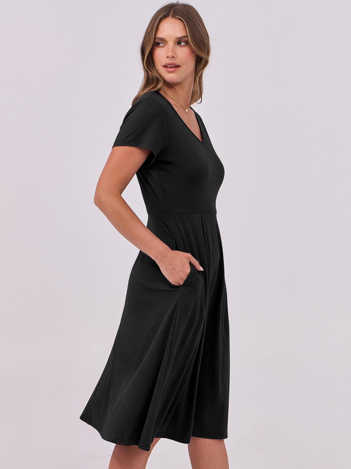 ANRABESS Women Summer Dress Casual Short Sleeve V Neck A-Line Knee Length Pleated Flowy 2026 Fashion Midi Dresses with Pocket - Image 5
