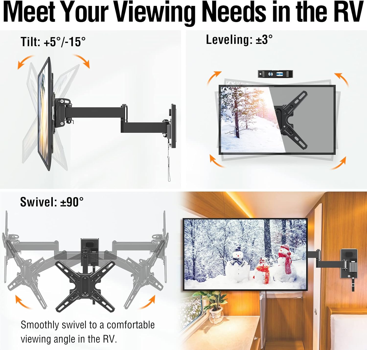 ELIVED Lockable RV TV Mount for Most 13-43 Inch TVs, RV TV Wall Mount Swivel and Tilt for Camper Trailer Motorhome, Detachable tv Bracket with Double Wall Plates, Max VESA 200x200mm, up to 22 LBS - Image 4