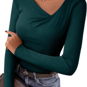 EVALESS Women’s Long Sleeve Asymmetrical Neck Ruched Slim Fit Shirts 2026 Spring Fashion Casual Tee Going Out Tops
