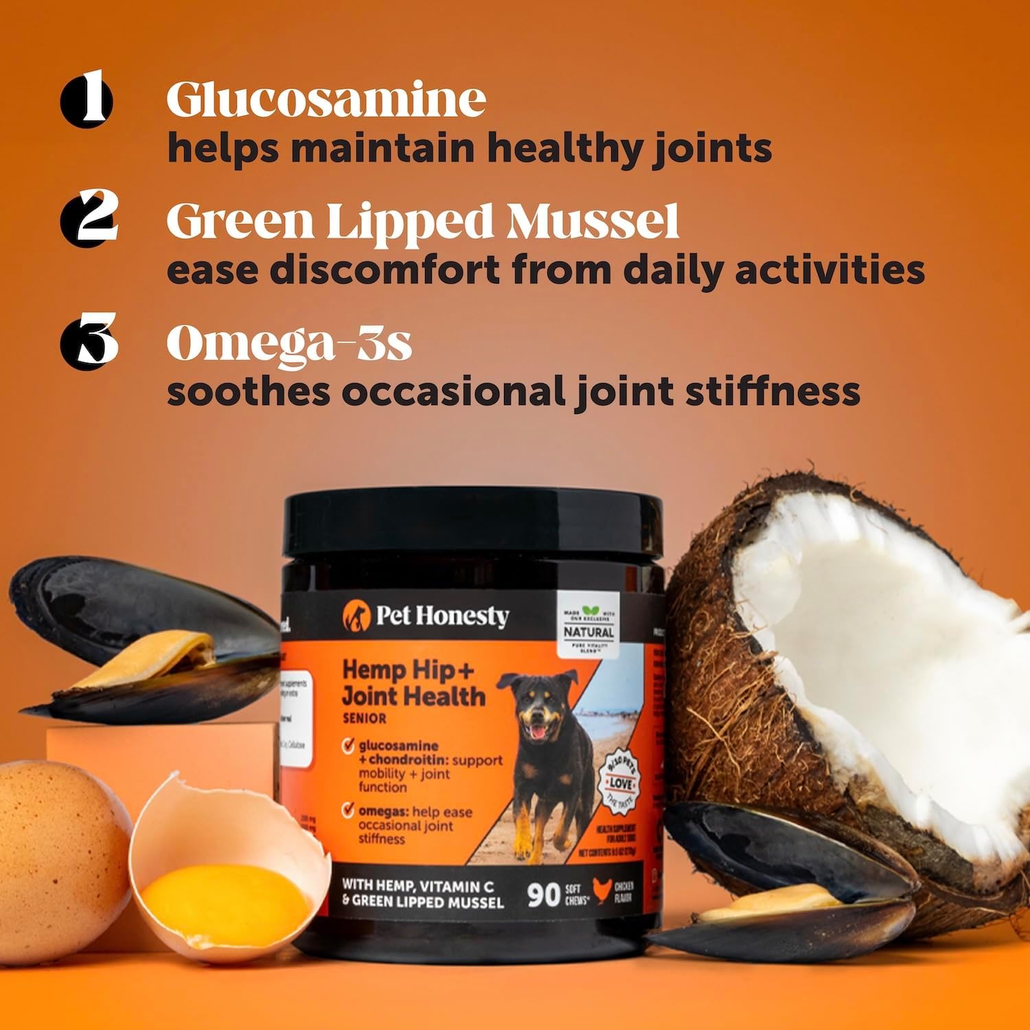 Senior Hemp Hip and Joint Supplement for Dogs - Glucosamine Chondroitin, MSM & Green Lipped Mussel - Relief for Joint Stiffness, Advanced Strength Mobility Support for Senior Dogs (Chicken, 90 Ct) - Image 3