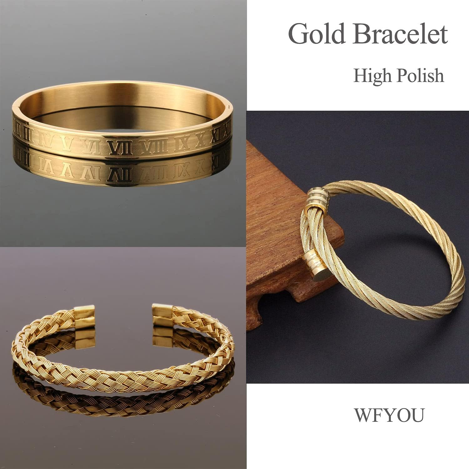 WFYOU 3PCS Stainless Steel Bracelets for Men Gold Roman Numeral Bangle Bracelet Twisted Cable Bracelet Adjustable Cuff Bracelet Mens Luxury Jewelry Bracelets Gifts - Image 6