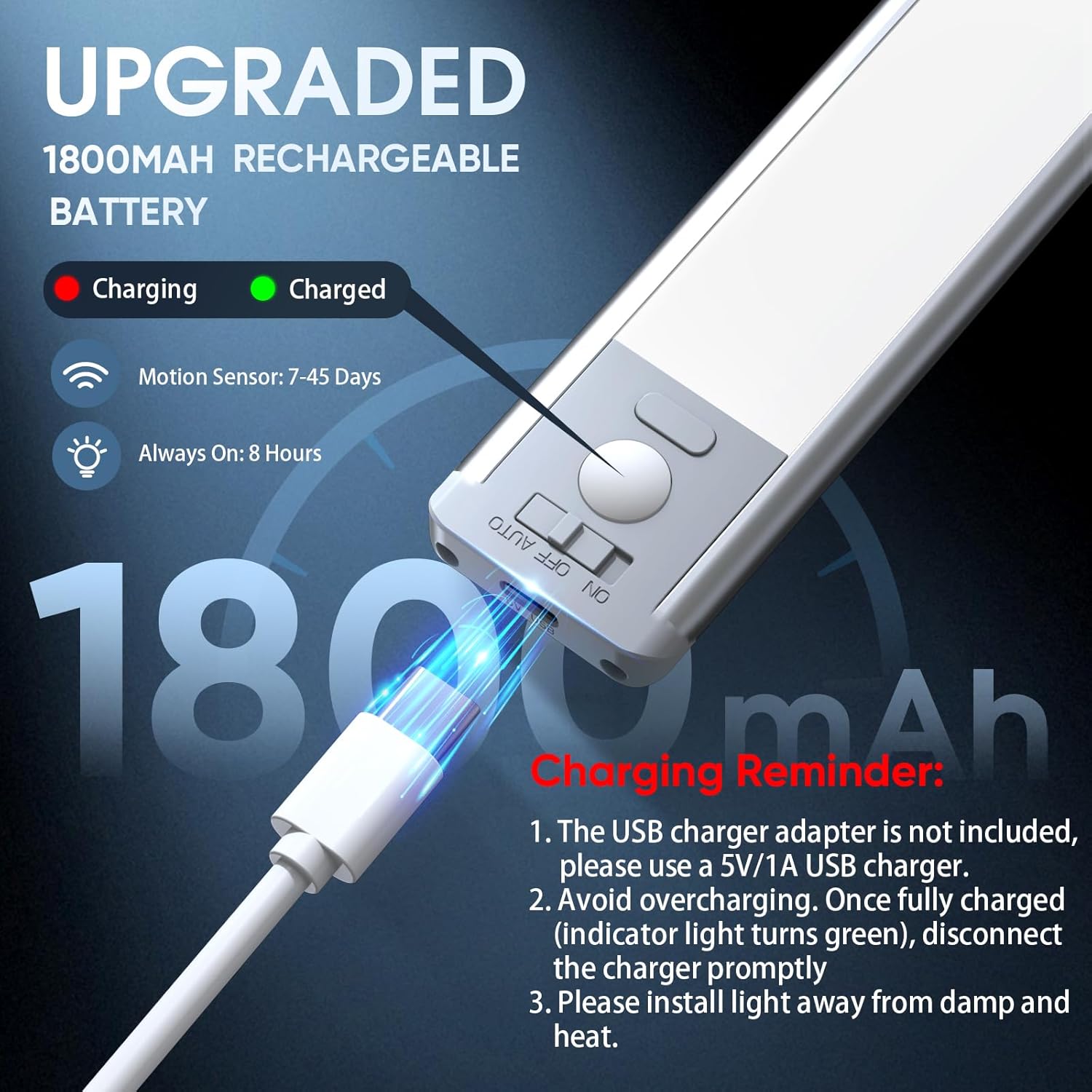 MCGOR 10inch Under Cabinet Lighting, 2 Pack Rechargeable Motion Sensor Light Indoor, 5 Levels Dimmable Magnetic Closet Lights, Wireless Under Counter Lights for Kitchen, Stairs - Image 5