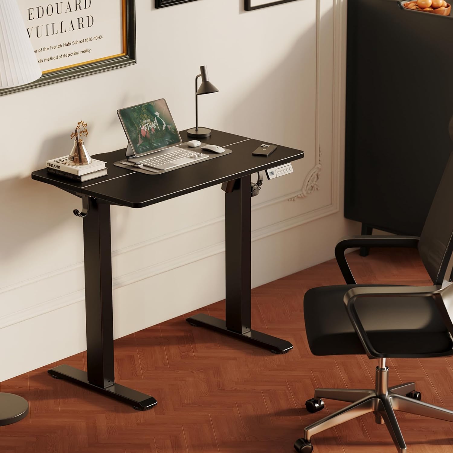 YDN 32" Small Electric Standing Desk Adjustable Height, Sit Stand up Desk with Memory Presets & Cable Management, Home Office Desk for Office & Computer Workstation, Black Frame/Black Top - Image 2