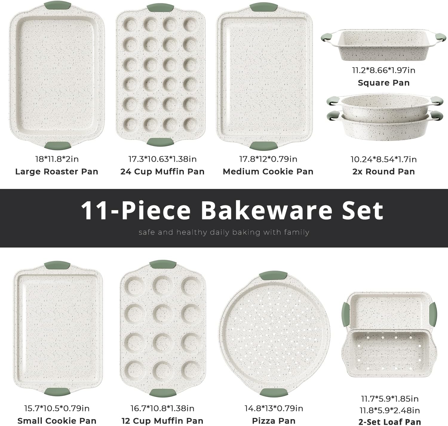 11-Piece Non-Toxic Baking Set, Stackable Nonstick Cookware with Heat-Resistant Handles - Includes Cookie Tray, Round Cake Pan, Muffin Cups, Pizza Pan & Loaf Baker, White&Light Green - Image 2