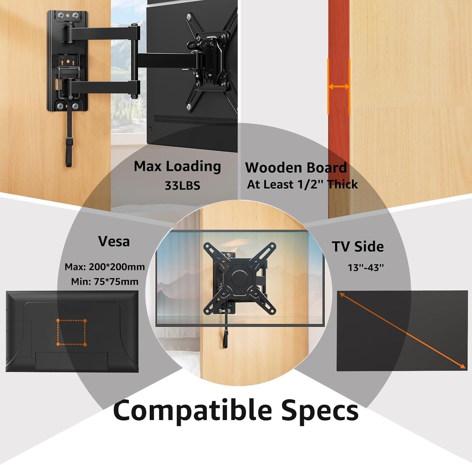 GOFORWILD Lockable RV TV Mount, Full Motion RV Mount for Most 13-43 inch TV, TV Wall Mount for Camper Truck Trailer Marine Boat Motor Home, Max VESA 200x200mm, up to 33LBS, 7021 - Image 3