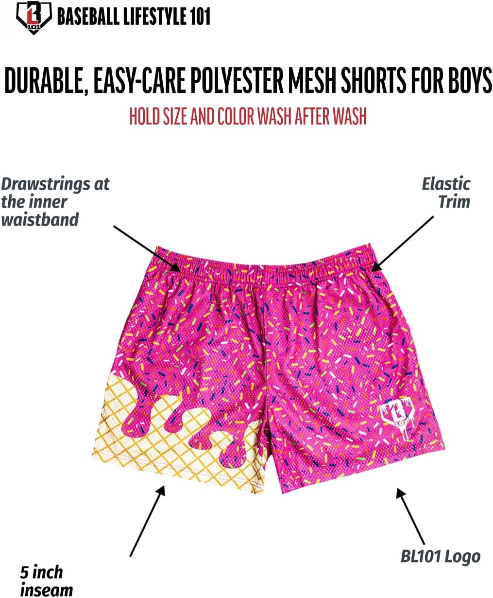 Baseball Lifestyle 101 Boy's Mesh Shorts w/Side Pockets Elastic Waist, 5 in Inseam - Image 4