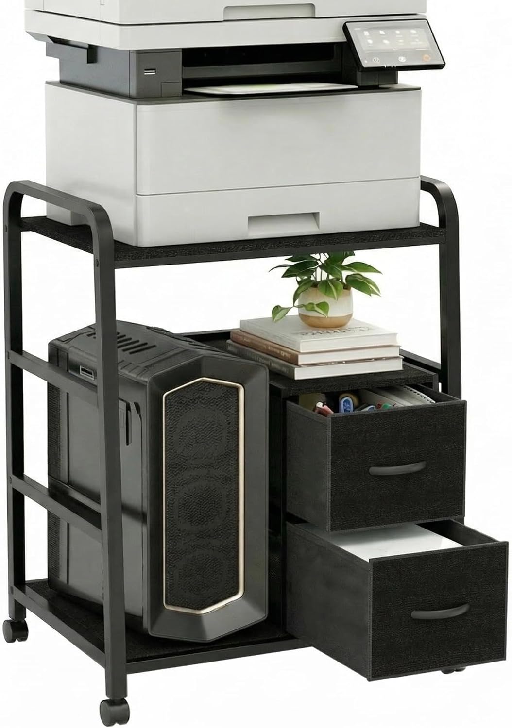 Printer Stand Featuring Fabric Drawers, Under Desk Host Computer Cabinet and Shredder Shelf, Heavy Duty Printer Stand with Storage Workstation Organization Printer Table for Home Office
