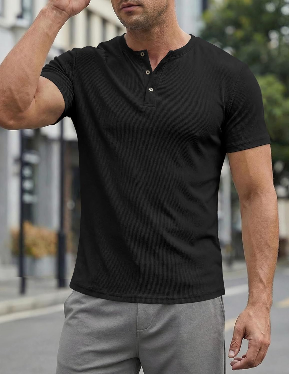 JMIERR Men's Muscle Slim Henley Shirts Crewneck Longline T-Shirt Gym Workout Athletic Shirt Tees with Button - Image 2