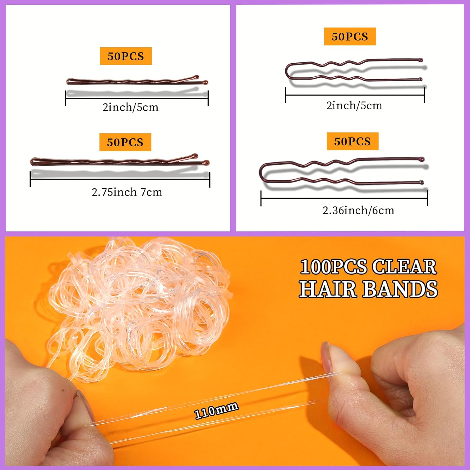 Teenitor 300pcs Bobby Pins Hair Pins Kit, 100 Hair Pin for Women 100 Bobby Pins Brown and 100 Hair Bands, Hair Pins for Buns 2inch 2.36inch 2.75inch - Image 6